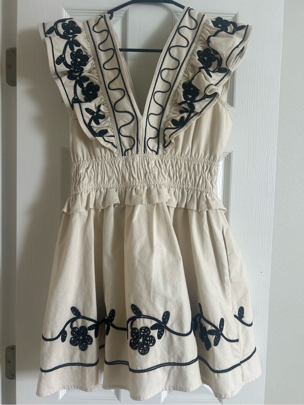Source Unknown Cream Mini Dress with Black Floral Embroidery